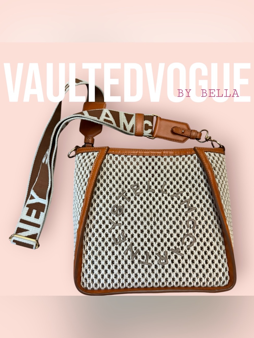 Stella McCartney Cream & Brown Woven Shoulder Bag with Branded Strap